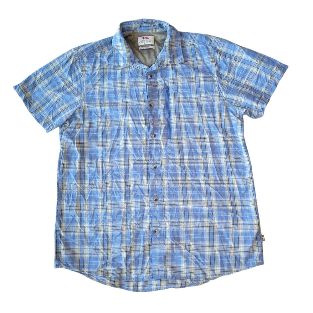 Fjallraven Mens Abisko Hike Short Sleeve Shirt Size XL Blue Green Plaid Vented